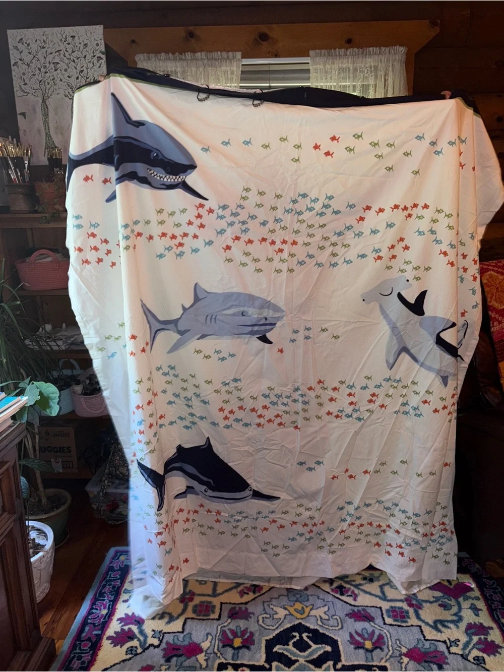 Pottery Barn Kids Blue Shark Shower Curtain with Multicolor Fish liner hooks set